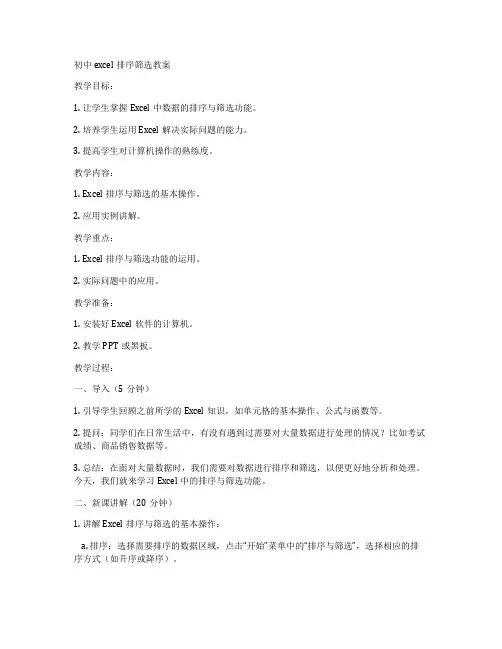 初中excel排序筛选教案