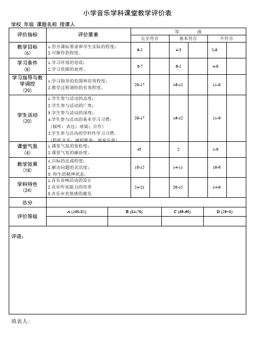 小学音乐学科课堂教学评价表