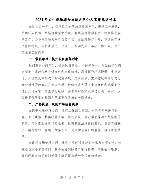 2024年文化市场综合执法大队个人工作总结样本（3篇）