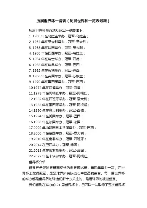 历届世界杯一览表（历届世界杯一览表最新）