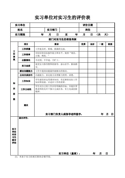 实习单位对实习生的评价表