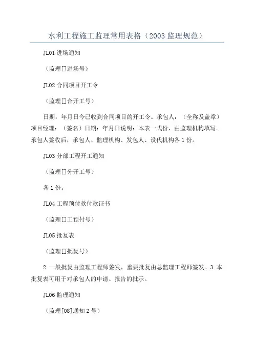 水利工程施工监理常用表格(2003监理规范)