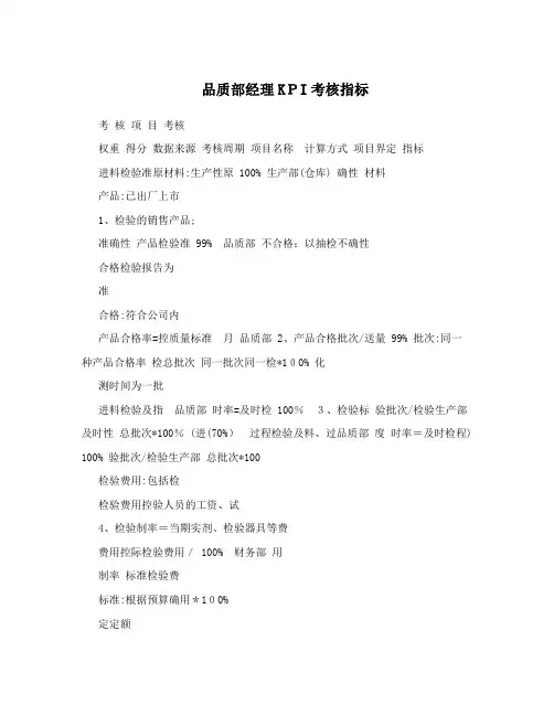 品质部经理KPI考核指标