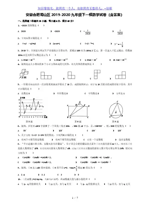 安徽省合肥市蜀山区2019-2020九年级下一模数学试卷(含答案)