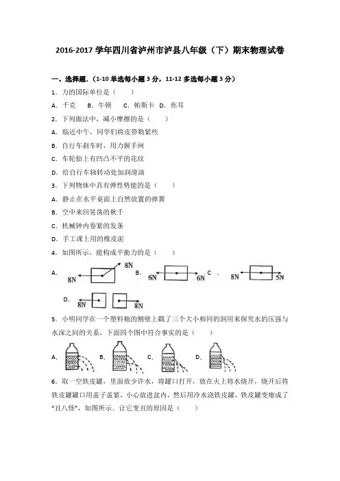 四川省泸州市泸县2016-2017学年八年级(下)期末物理试卷试题及答案(解析版)