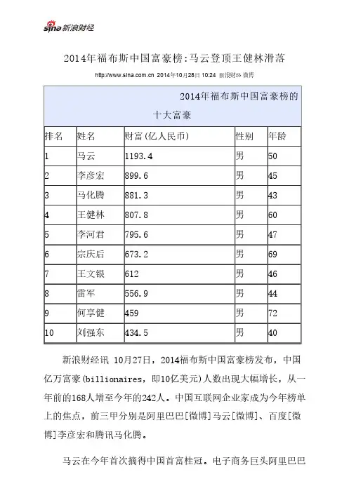 2014年福布斯中国富豪榜
