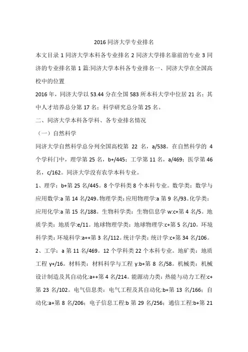2016同济大学专业排名