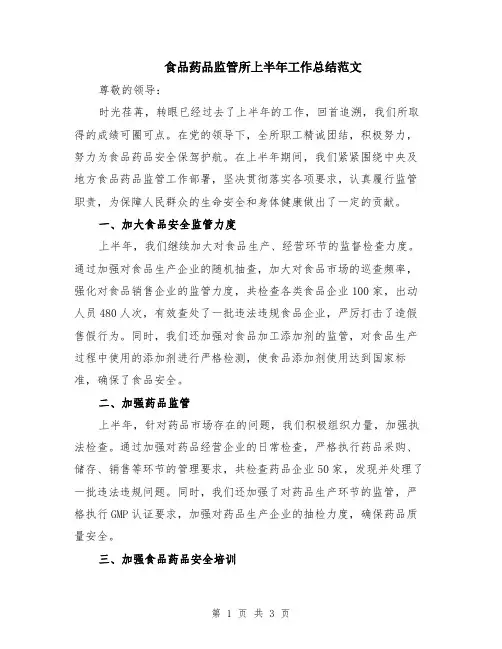 食品药品监管所上半年工作总结范文