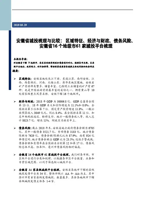 2019年安徽省城投梳理与比较： 区域特征、经济与财政、债务风险、安徽省16 个地级市61 家城投平台梳理