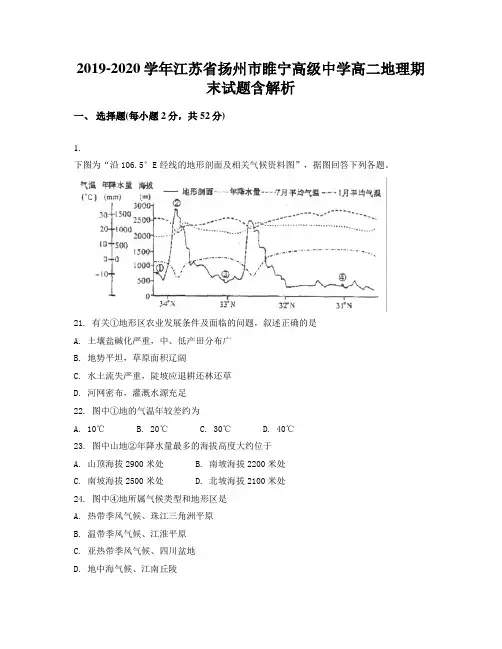 2019-2020学年江苏省扬州市睢宁高级中学高二地理期末试题含解析