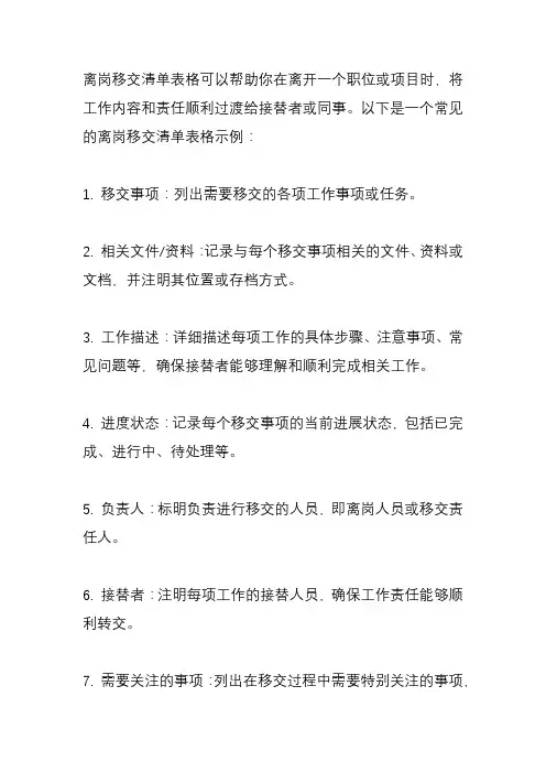 离岗移交清单表格