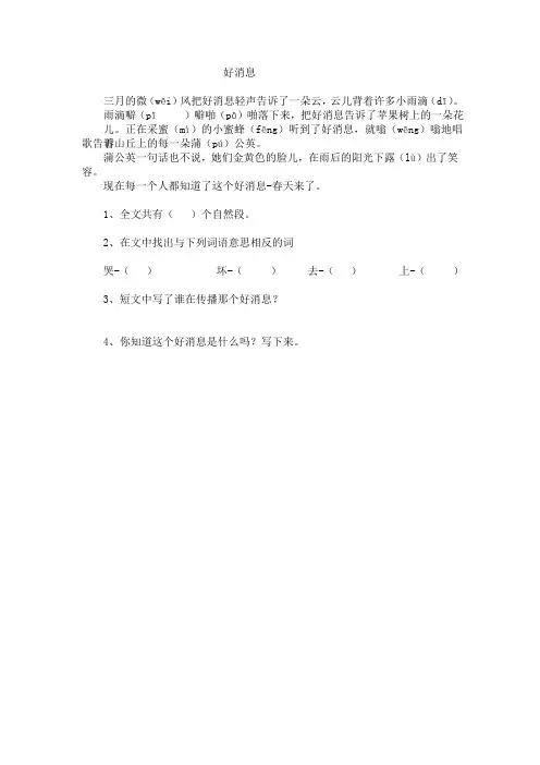一年级阅读理解训练第2天-好消息