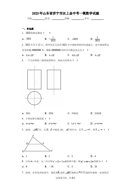 2023年山东省济宁市汶上县中考一模数学试题(含答案解析)