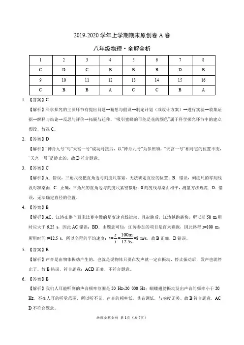 2019-2020学年八年级物理上学期期末原创卷A卷(福建)(全解全析)