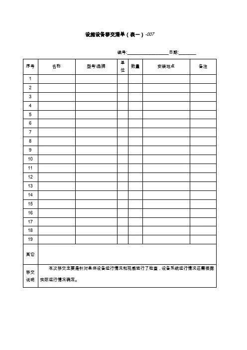 设施设备移交资料清单表
