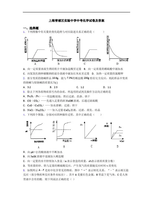 上海青浦区实验中学中考化学试卷及答案