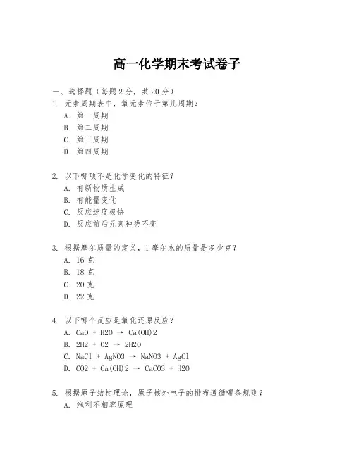 高一化学期末考试卷子