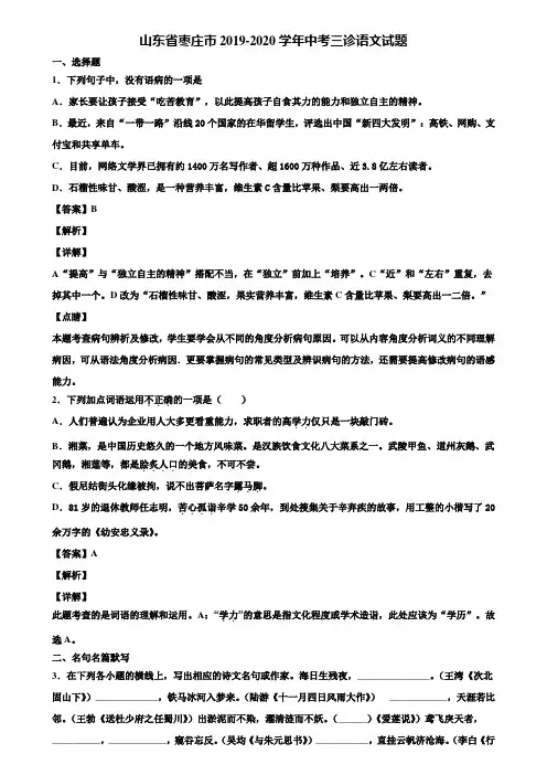 山东省枣庄市2019-2020学年中考三诊语文试题含解析