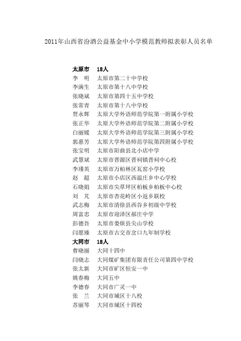 2011年山西省汾酒公益基金中小学模范教师拟表彰人员名单xls