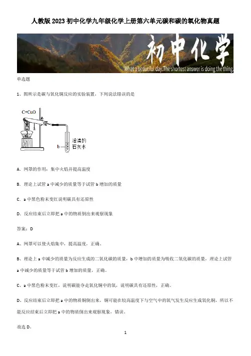 人教版2023初中化学九年级化学上册第六单元碳和碳的氧化物真题