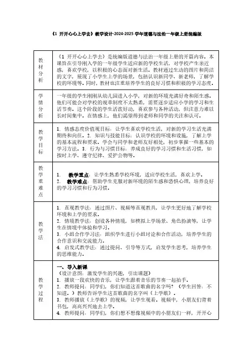 《1 开开心心上学去》教学设计-2024-2025学年道德与法治一年级上册统编版