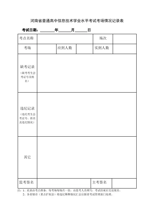 河南省普通高中信息技术学业水平考试考场情况记录表