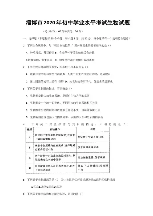 山东省淄博市2020年初中学业水平考试生物试题(WORD)版有答案