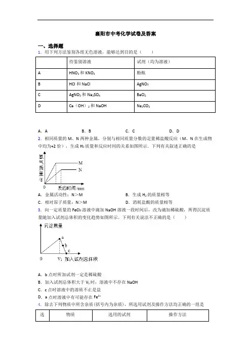 襄阳市中考化学试卷及答案