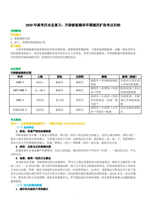 2020年高考历史总复习：开辟新航路和早期殖民扩张考点归纳