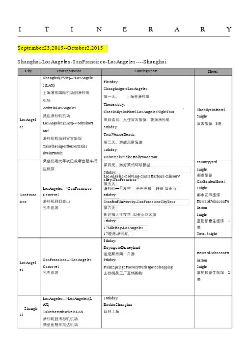 赴美国旅行英文行程单天