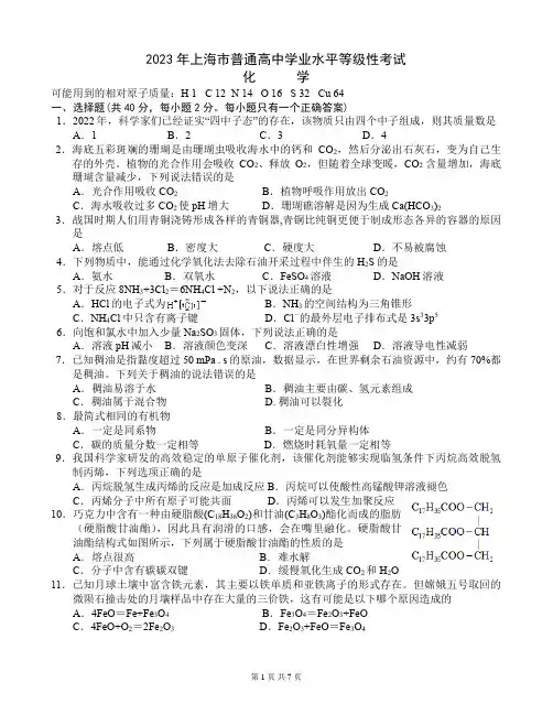 2023年普通高等学校招生全国统一考试化学试题(上海)