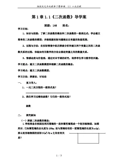 湘教版九年级数学下册学案：1.1 二次函数
