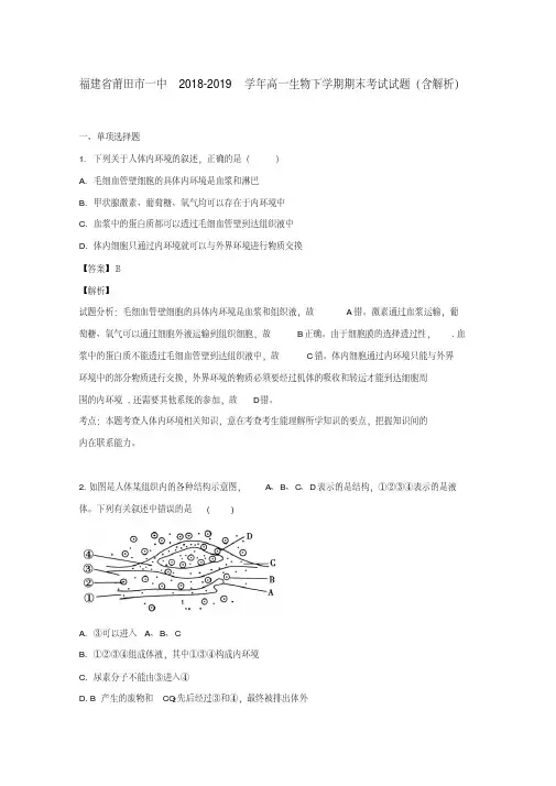 福建省莆田市一中2018-2019学年高一生物下学期期末考试试题(含解析)