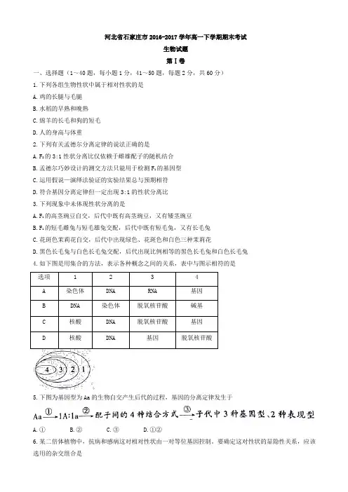 河北省石家庄市2016-2017学年高一下学期期末考试生物试题 Word版含答案