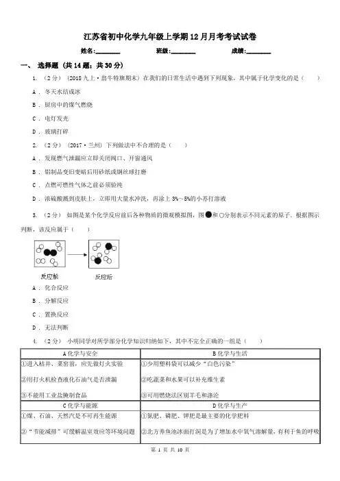 江苏省初中化学九年级上学期12月月考考试试卷
