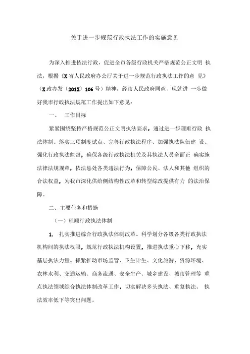 关于进一步规范行政执法工作的实施意见