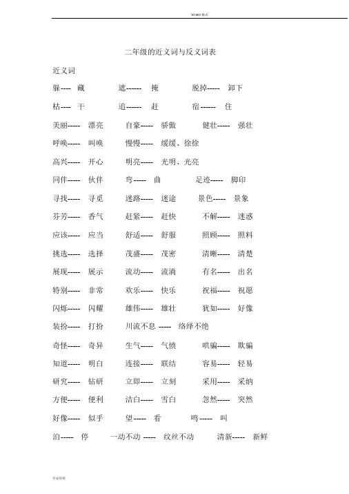 二年级语文复习近义词和反义词表