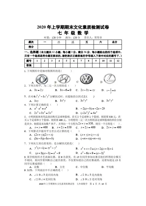 湖南省娄底市娄星区2019-2020学年七年级下学期期末考试数学试题