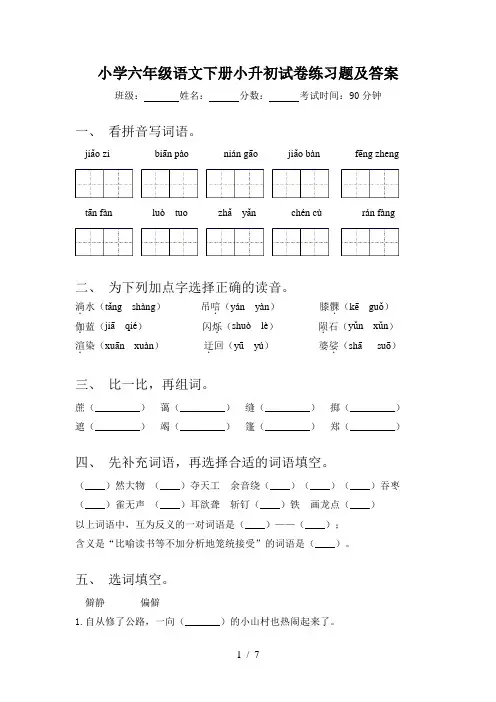 小学六年级语文下册小升初试卷练习题及答案