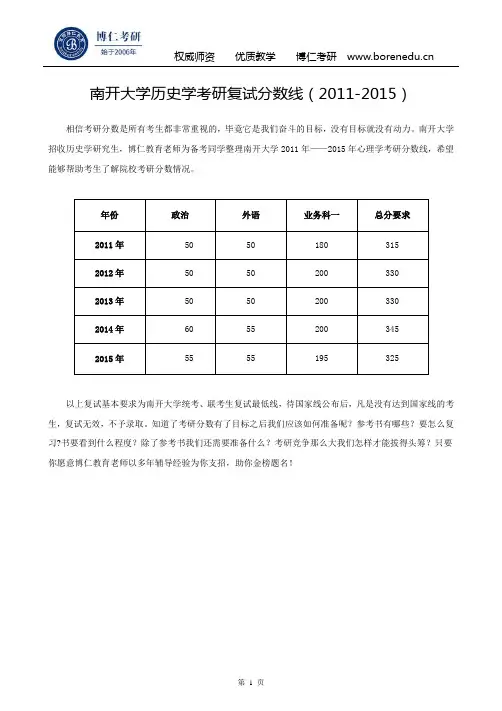 南开大学历史学考研复试分数线(2011-2015)