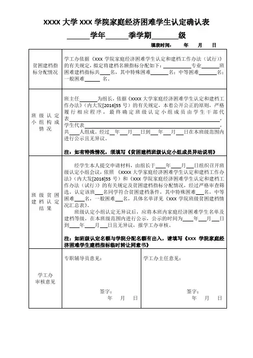 大学学院家庭经济困难学生认定确认表