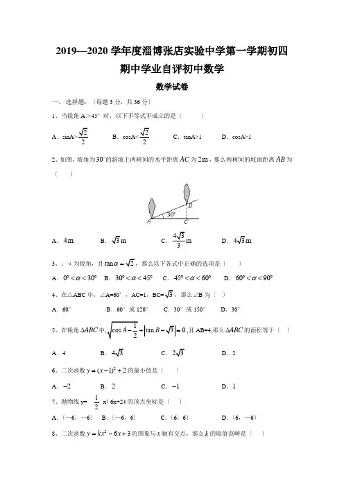 2019—2020学年度淄博张店实验中学第一学期初四期中学业自评初中数学