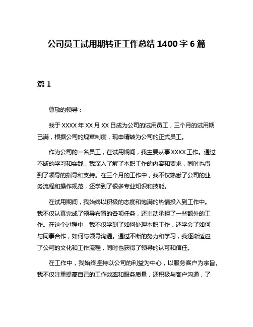 公司员工试用期转正工作总结1400字6篇