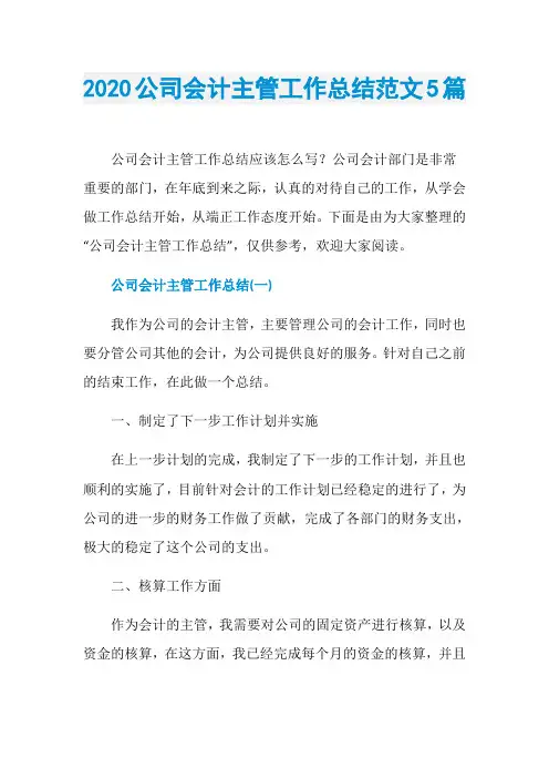 2020公司会计主管工作总结范文5篇