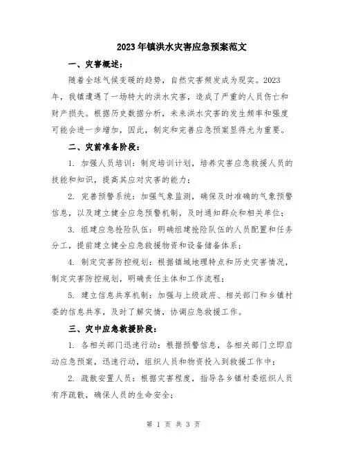 2023年镇洪水灾害应急预案范文
