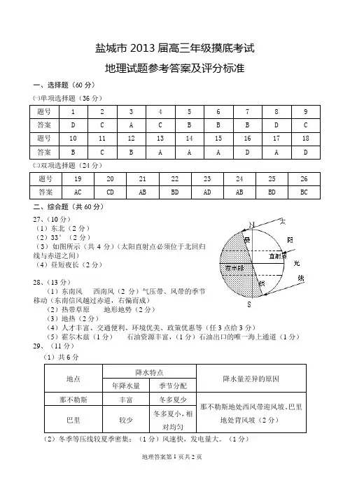 盐城市2013届高三年级摸底考试地理答案