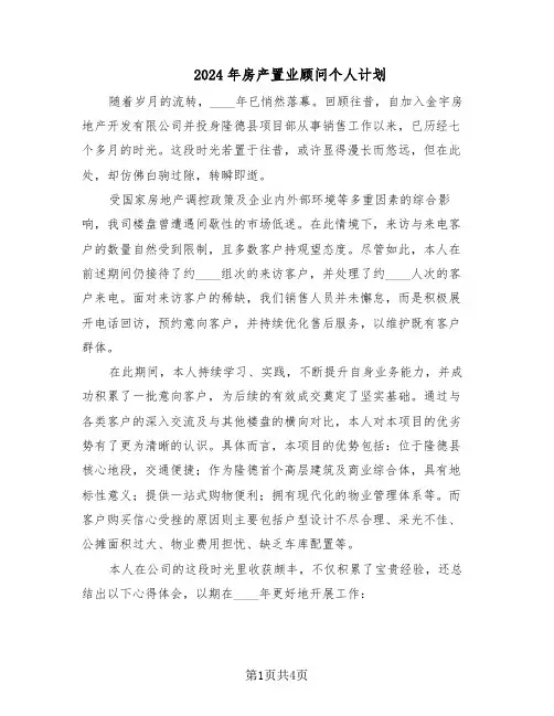 2024年房产置业顾问个人计划（二篇）