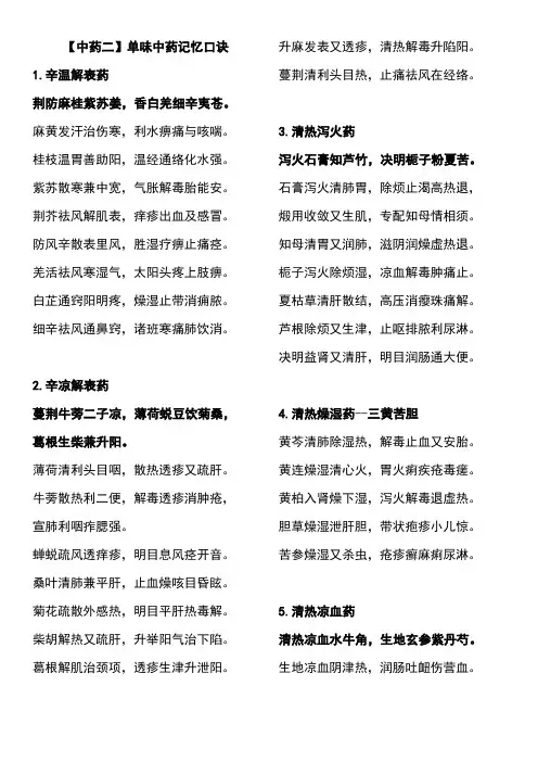 执业药师中药二单味药口诀