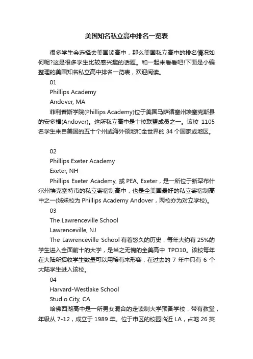 美国知名私立高中排名一览表