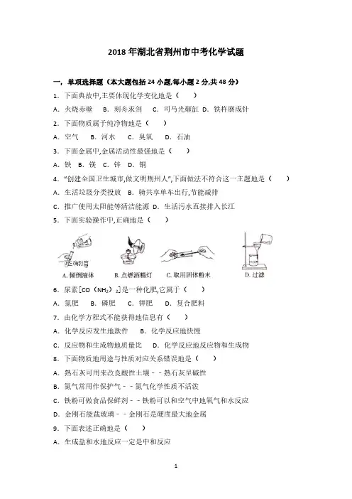 湖北荆州市2018年中考化学试题(word版含解析)